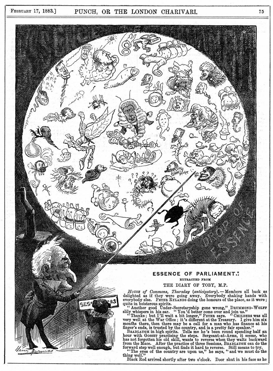 Istota Parlamentu: Karykatura z okazji otwarcia pierwszej sesji Parlamentu w 1883 r. (drewnoryt) autorstwa Harry Furniss