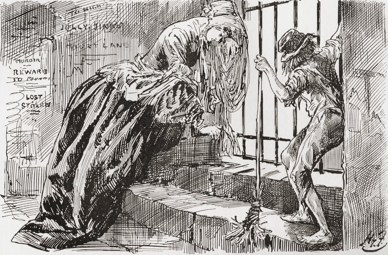Lady Dedlock i Jo. „Został tam umieszczony”, mówi Jo, trzymając się krat i zaglądając do środka, podczas gdy Lady Dedlock kurczy się w kącie. Ilustracja Harry