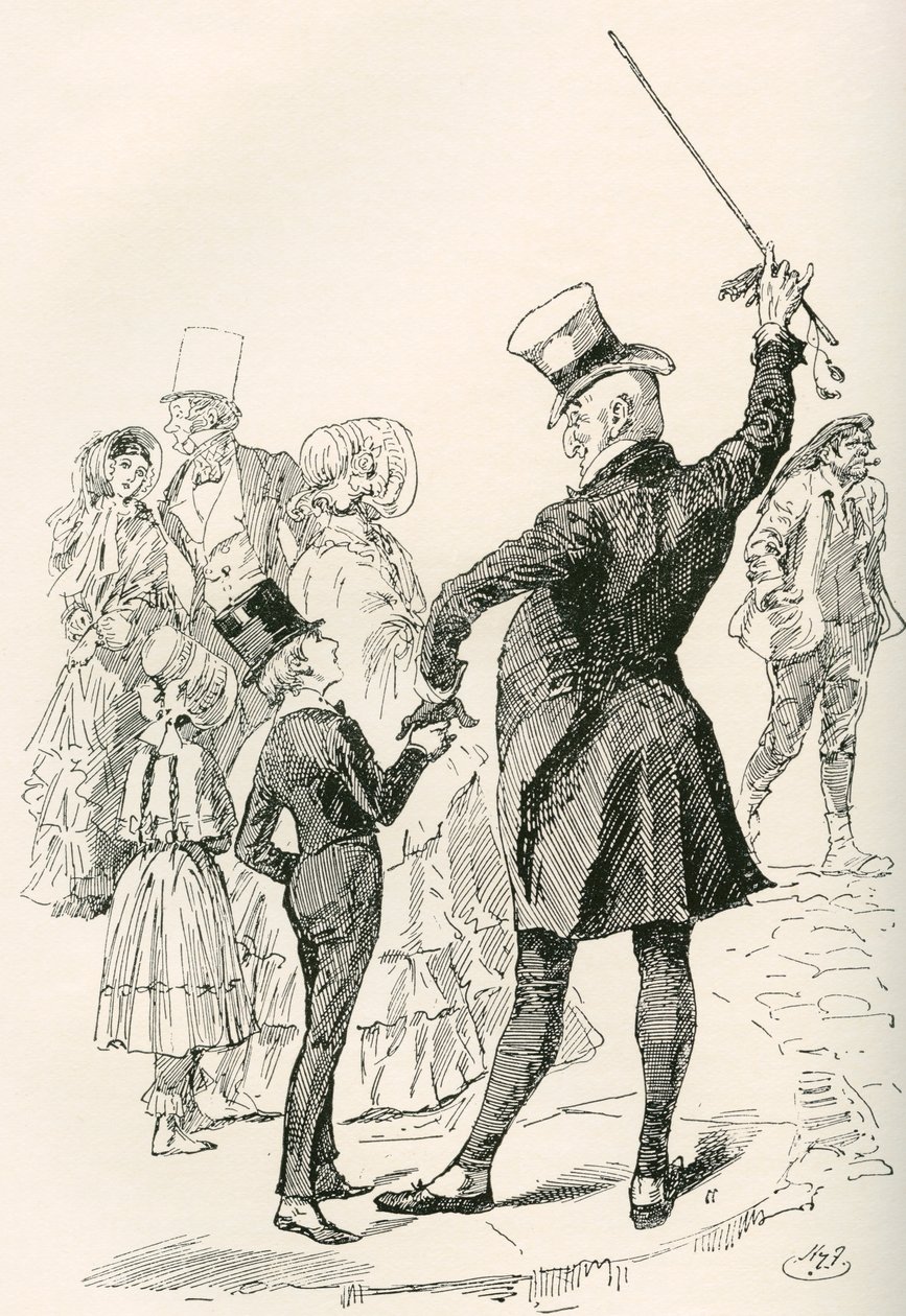 Pan Micawber zabiera Davida do domu. „Szliśmy razem do naszego domu, a pan Micawber po drodze wpajał mi nazwy ulic i kształty narożnych domów”. Ilustracja Harry