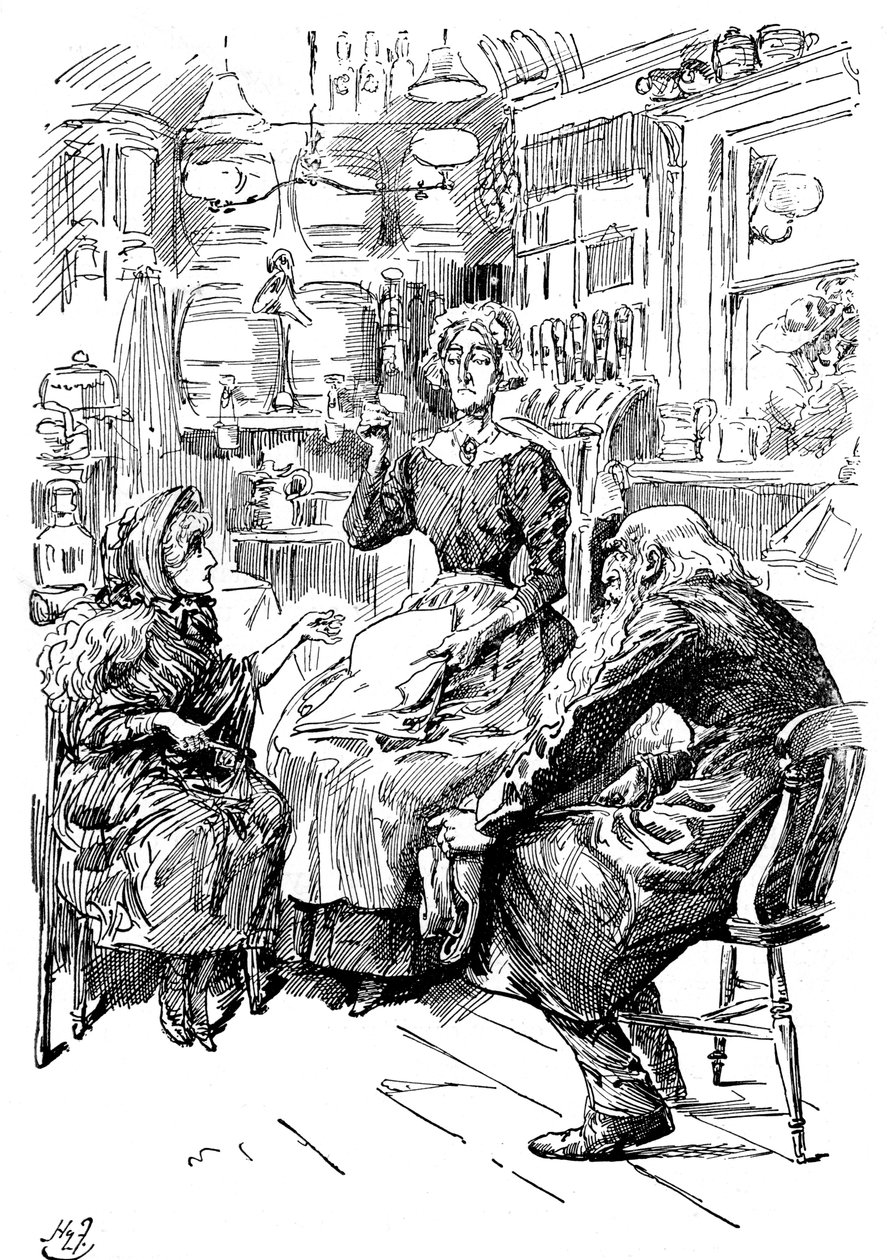 Pan Riah i panna Wren w Six Jolly Fellowship Porters, 1912 r autorstwa Harry Furniss