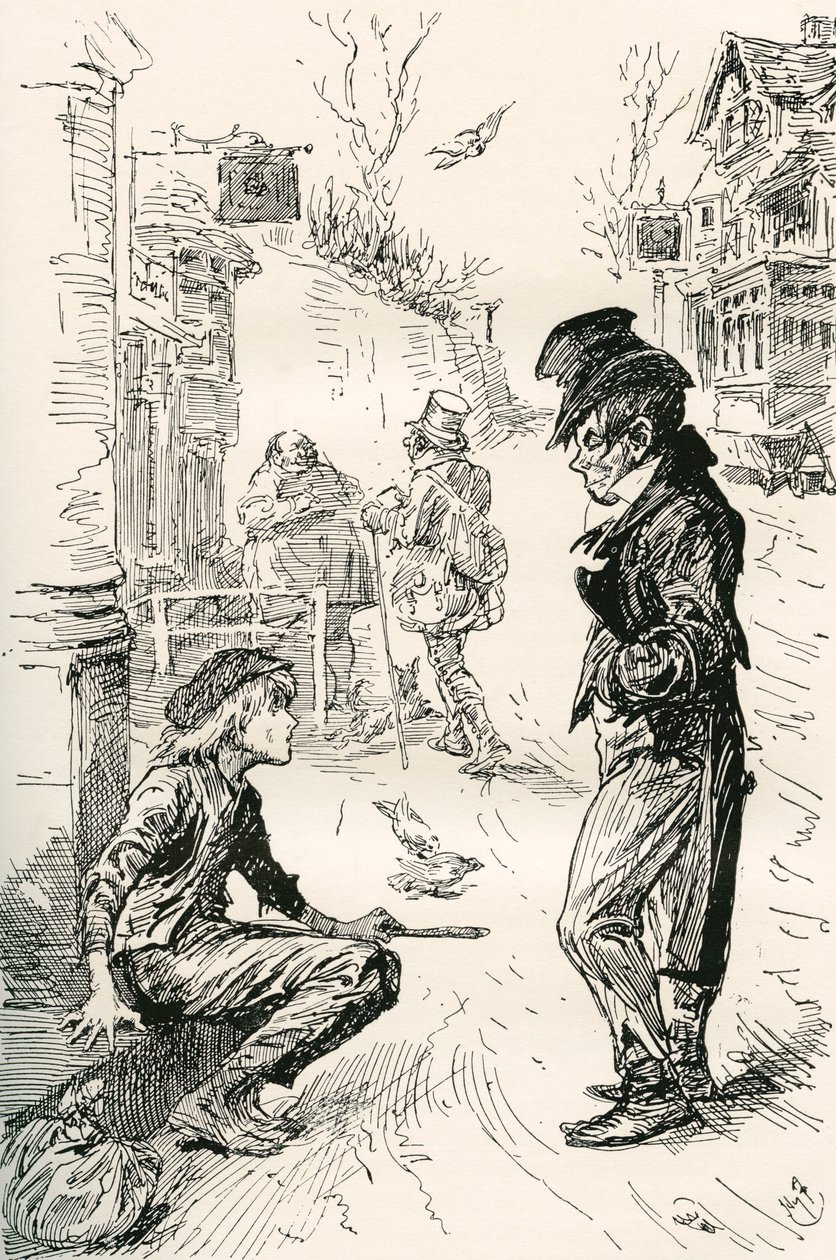 Oliver zakochuje się w Artful Dodger. "Cześć, moja gromadko, co to za rząd?" — powiedział ten dziwny młody dżentelmen do Olivera. „Jestem bardzo głodny i zmęczony”, odpowiedział Oliver; łzy stanęły mu w oczach, gdy mówił. "Przeszedłem długą drogę. Byłem na autorstwa Harry Furniss