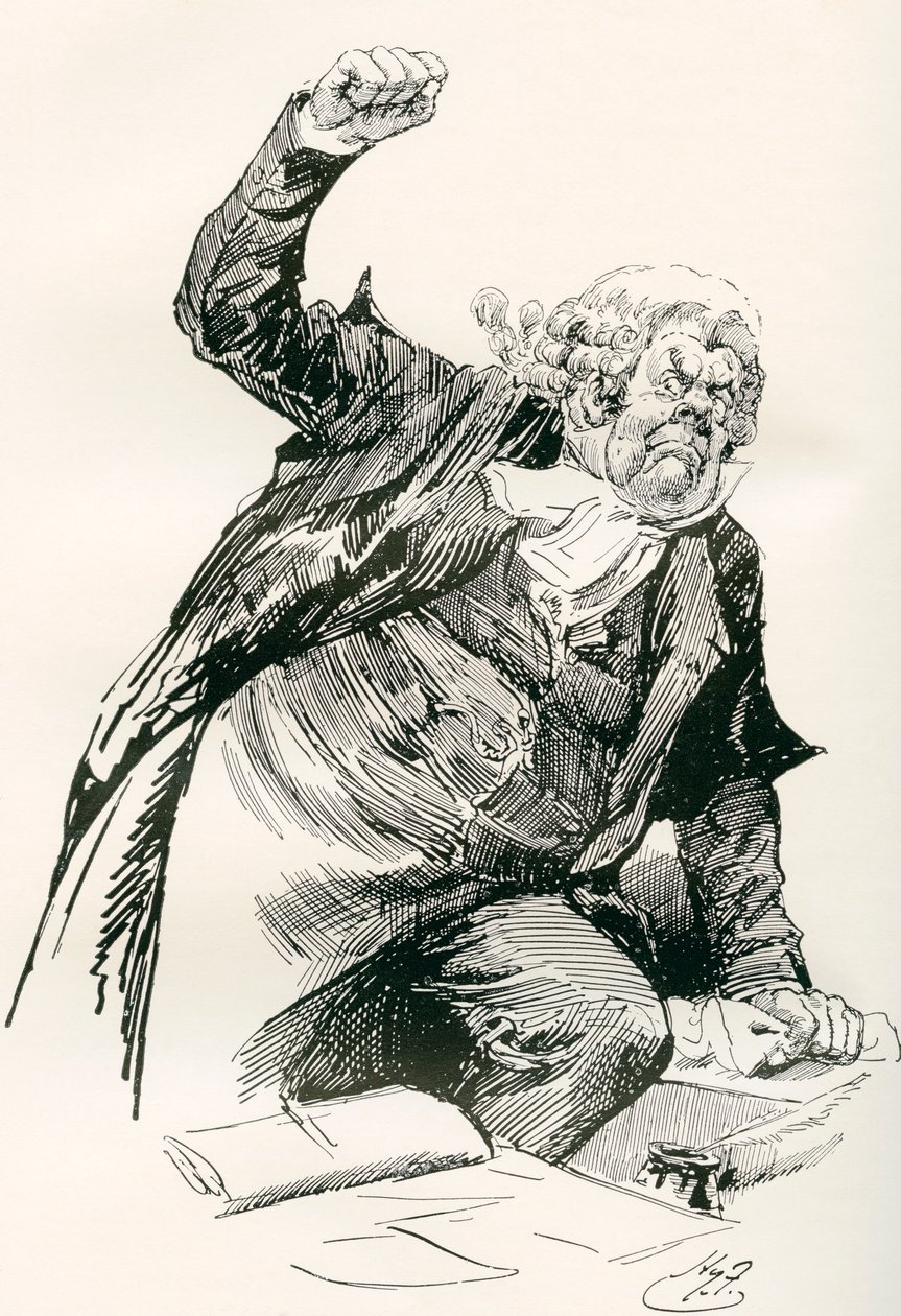 Sargento Buzfuz. Ilustração de Harry Furniss para o romance de Charles Dickens, The Pickwick Papers, da The Testimonial Edition, publicado em 1910.polonês autorstwa Harry Furniss