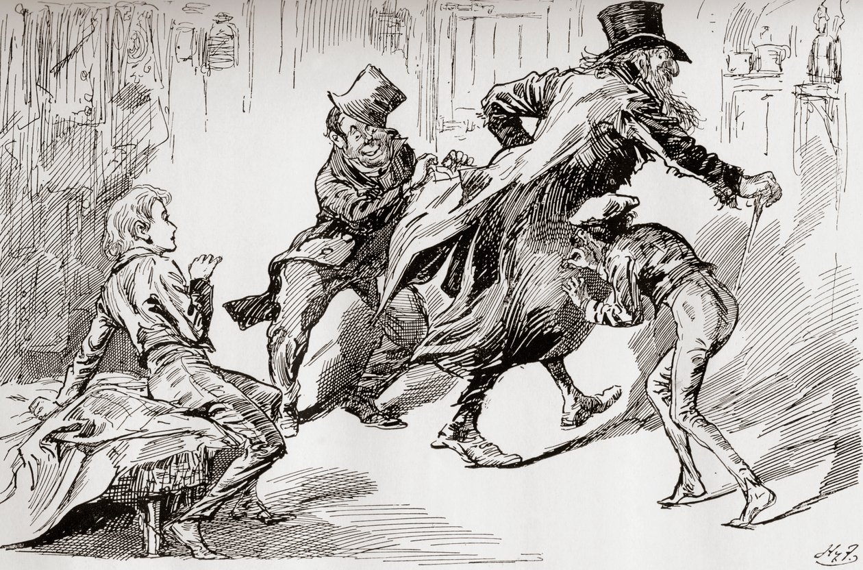 Kuchnia złodziei. Oliver jest pokazany jak to się robi, ilustracja z książki „Oliver Twist”, autorstwa Charlesa Dickensa, z The Testimonial Edition, opublikowanego 1910 autorstwa Harry Furniss