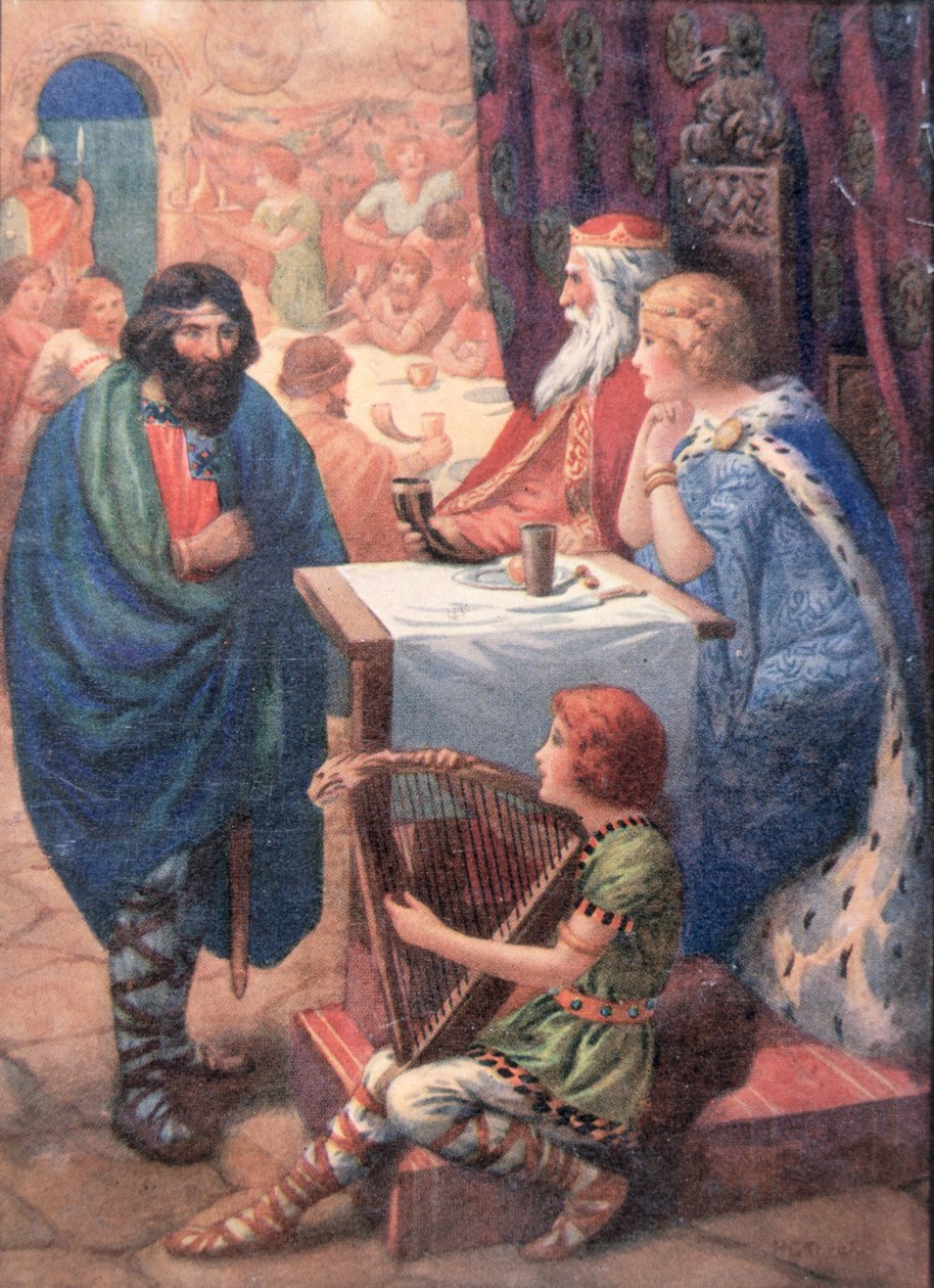 Scena bankietowa, z "Opowieści dla dzieci z legend północy" opublikowanych przez Raphaela Tucka (kolorowa litografia) autorstwa Harry George Theaker