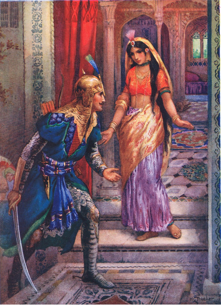 Ujrzawszy Ramę, rzuciła się naprzód. Z Przygód Ramy i Sity, ilustracja z "Childrens Stories from Indian Legends", ok. 1930 r. (kolorowa litografia) autorstwa Harry George Theaker