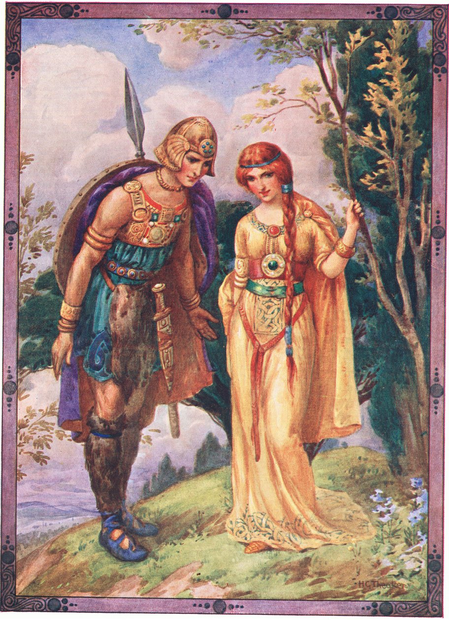 "Pozwól mi być twoim zalotnikiem" (z Księcia Dyfedu) (kolorowa litografia) autorstwa Harry George Theaker