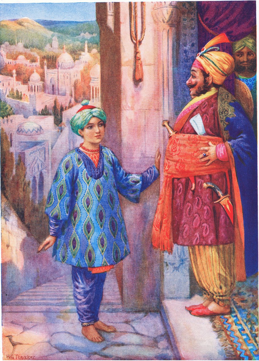Zażądał audiencji u Wielkiego Wezyra. Z Chłopiec, który widział ślady stóp, ilustracja z "Opowieści dla dzieci z legend indyjskich", ok. 1930 r. (kolorowa litografia) autorstwa Harry George Theaker