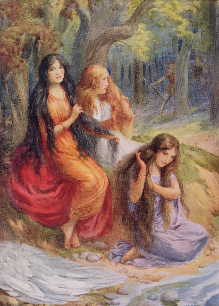 Hladgrun, Olrun i Alvit, ilustracja z "The Wayland Smith" zilustrowana w "Northern Legends" Raphaela Tucka (pub) (kolorowa litografia) autorstwa Harry George Theaker