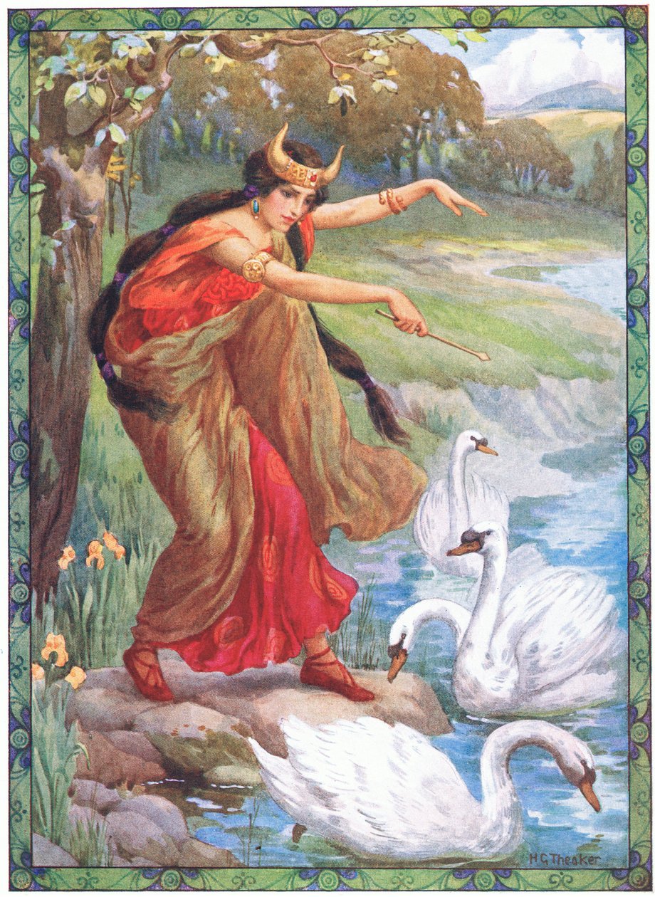 "Zamiast czworga dzieci, co ujrzała" (z Dzieci Lir) (kolorowa litografia) autorstwa Harry George Theaker