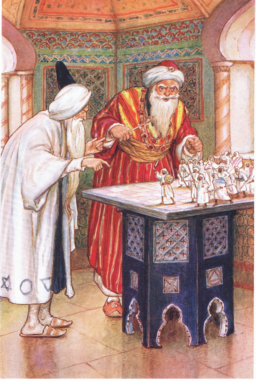 Król Aben Kabuz i arabski astrolog (z opowiadania The Arabian Astrologer), ilustracja z "Tales of Alhambra", ok. 1940 r. (kolorowa litografia) autorstwa Harry George Theaker