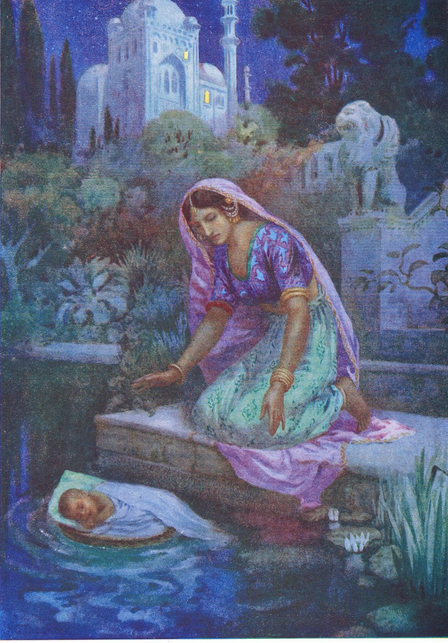 Kunti nie odważyła się być nieposłuszna. From the Adventurous Brethren, ilustracja z "Childrens Stories from Indian Legends", ok. 1930 r. (kolorowa litografia) autorstwa Harry George Theaker