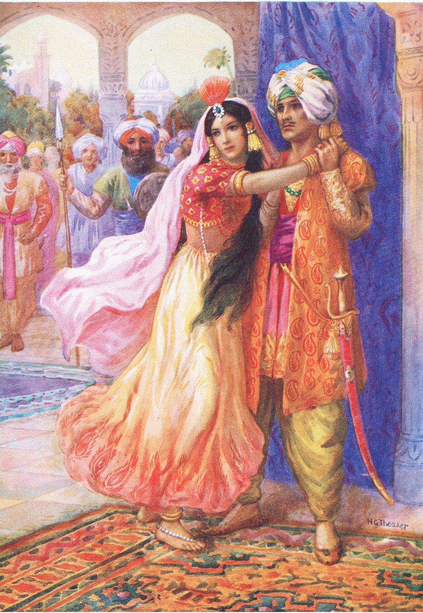 "Pozwól mi dzielić twoje wygnanie". Ilustracja z "Childrens Stories from Indian Legends", ok. 1930 r. (kolorowa litografia) autorstwa Harry George Theaker