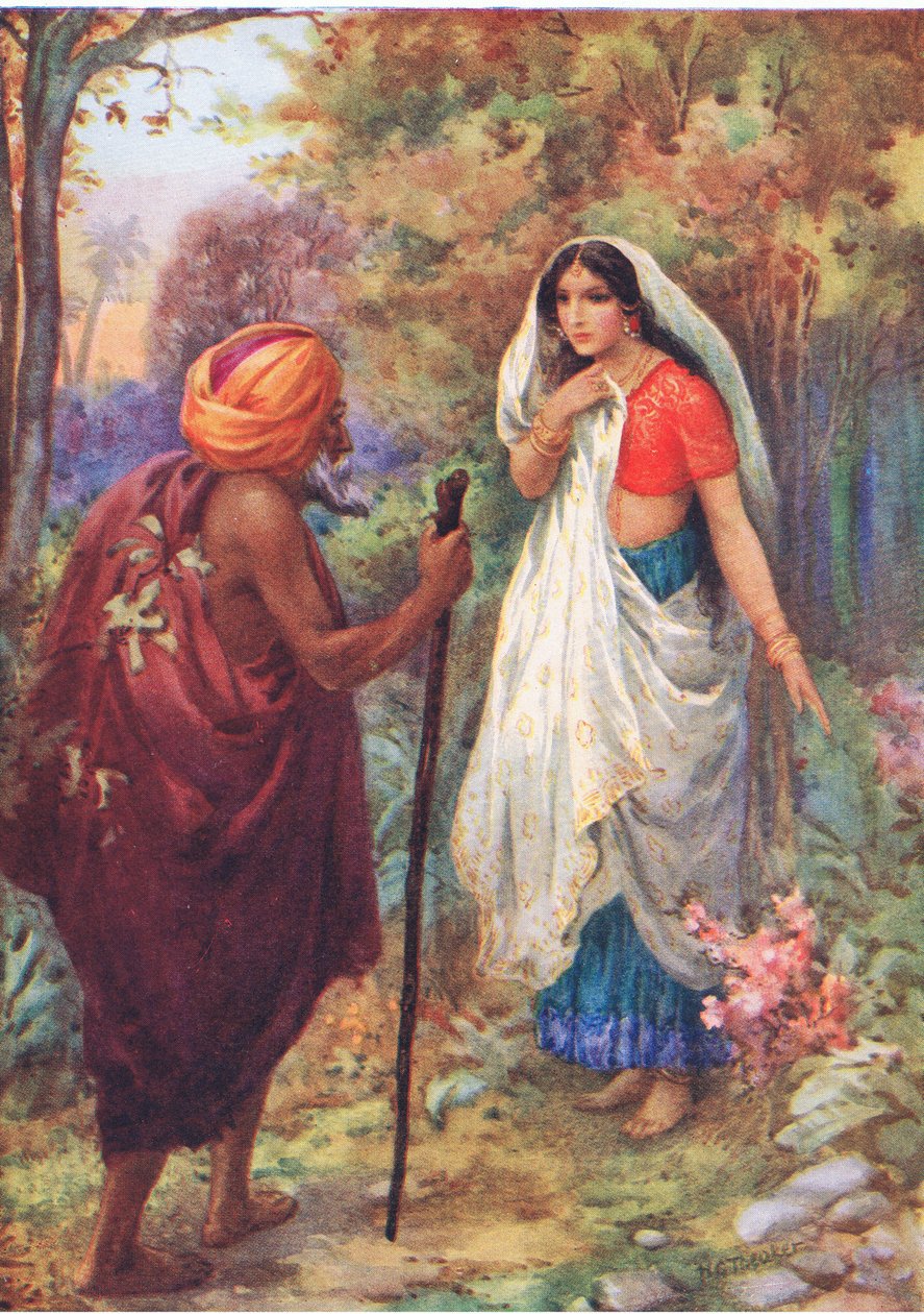 "Niech odpocznę chwilę w tym przyjemnym miejscu. Z Przygód Ramy i Sity, ilustracja z "Childrens Stories from Indian Legends", ok. 1930 r. (kolorowa litografia) autorstwa Harry George Theaker