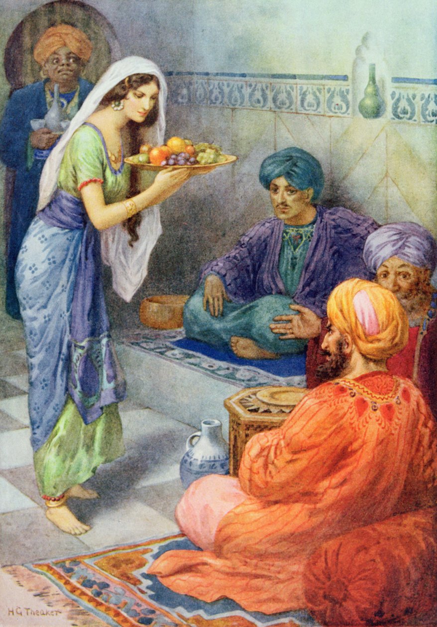 Morgiana czeka na gościa, ilustracja z "Opowieści dla dzieci z nocy arabskich" Rose Yeatman Woolf, ok. 1920 r. (litografia kolorowa) autorstwa Harry George Theaker