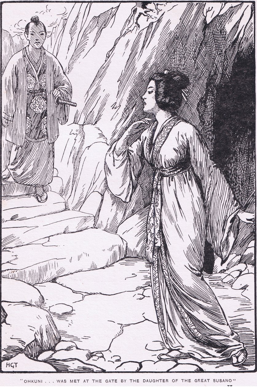 Okhuni został spotkany przy bramie przez córkę wielkiego Susano (z Susano i Ohkuni) (litho) autorstwa Harry George Theaker