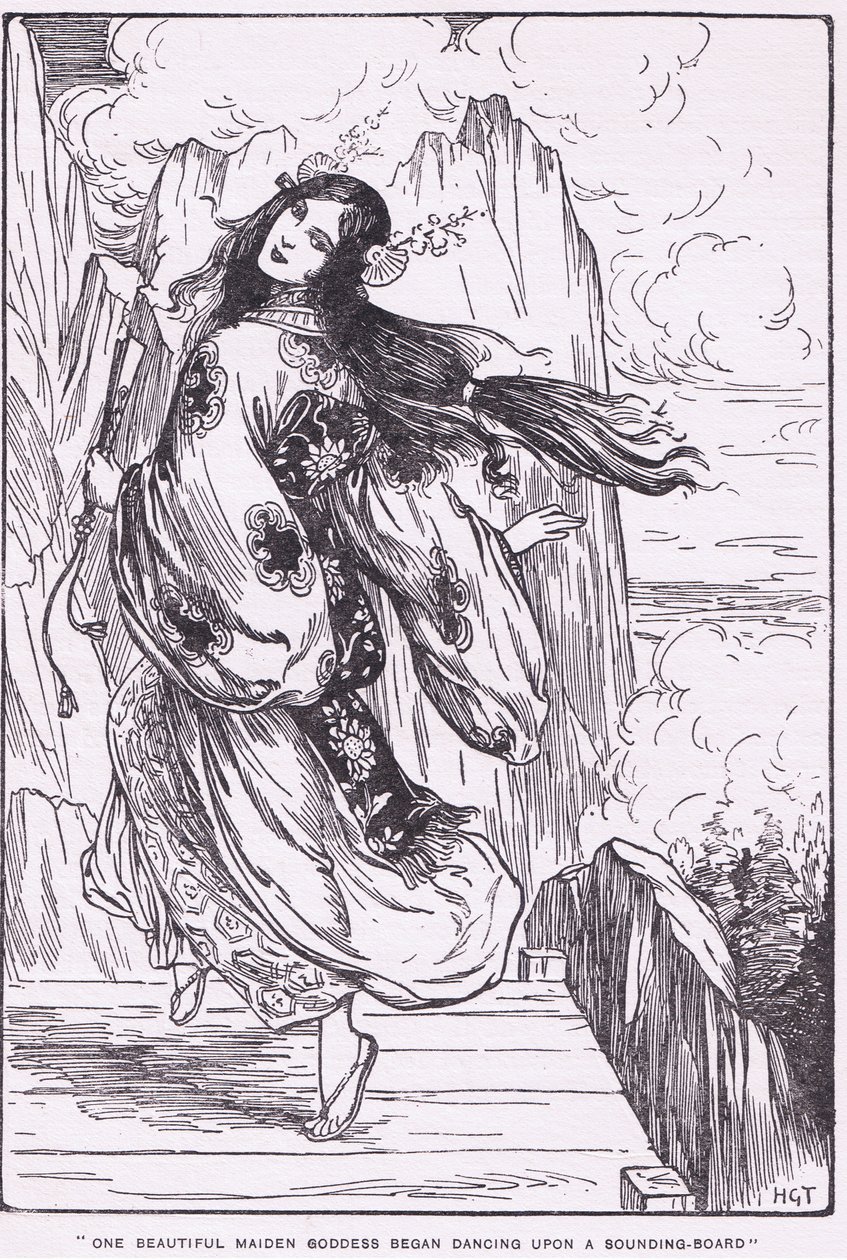 Pewna piękna bogini zaczęła tańczyć na płycie rezonansowej (Równina Wysokiego Nieba) (litho) autorstwa Harry George Theaker