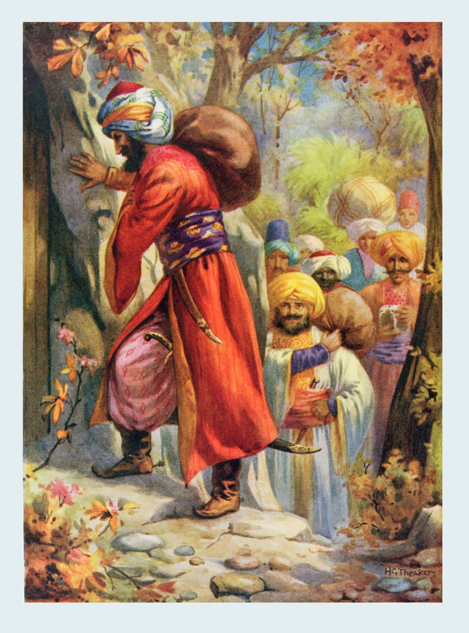 "Sezamie otwórz się", ilustracja z "Opowieści dla dzieci z nocy arabskich" Rose Yeatman Woolf, ok. 1920 r. (litografia kolorowa) autorstwa Harry George Theaker