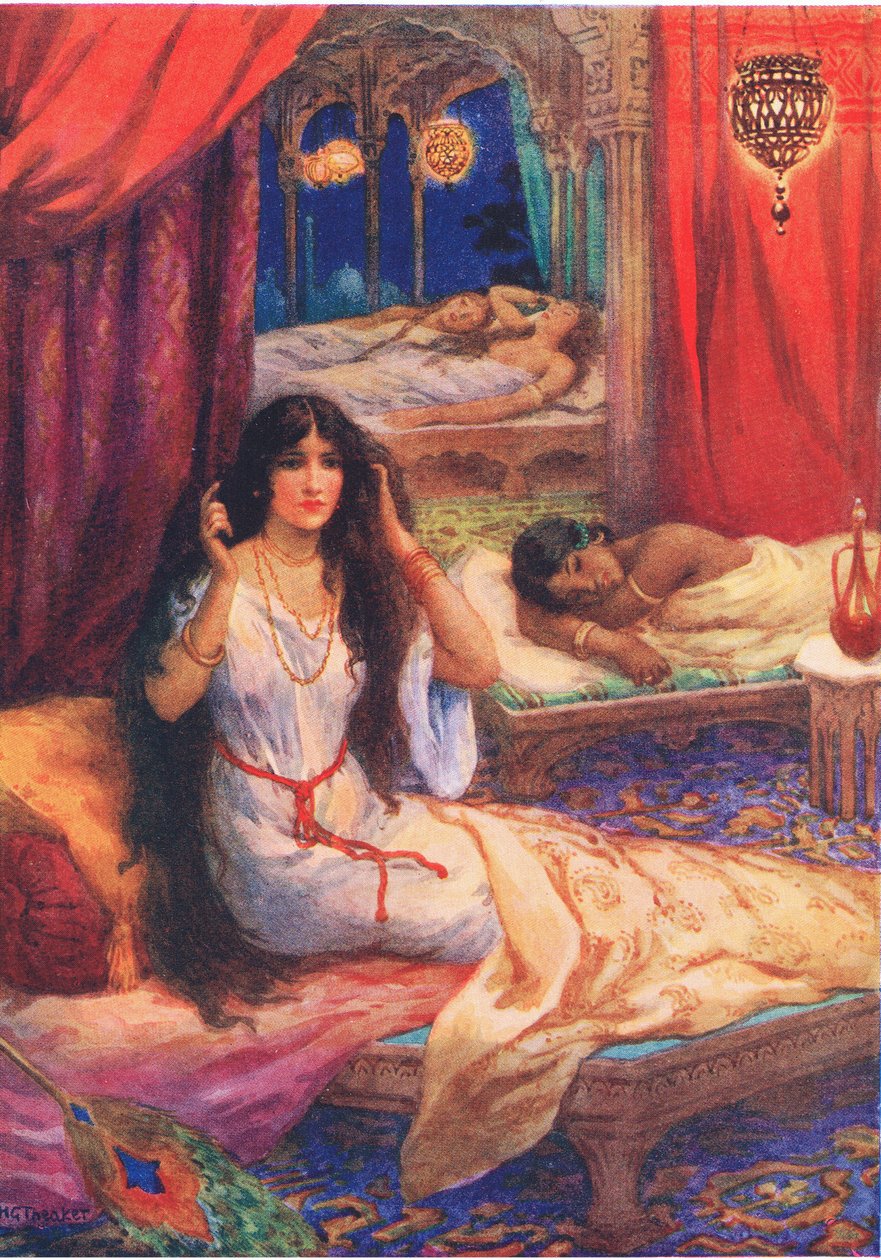Pabhavati obudził się z przytupem. Z Księcia o twardym sercu, ilustracja z "Childrens Stories from Indian Legends", ok. 1930 r. (kolorowa litografia) autorstwa Harry George Theaker