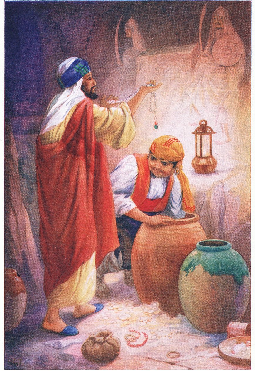 Peregil, Gallego i Maur (z opowiadania "Dziedzictwo Maurów"), ilustracja z "Opowieści z Alhambry", ok. 1940 r. (kolorowa litografia) autorstwa Harry George Theaker