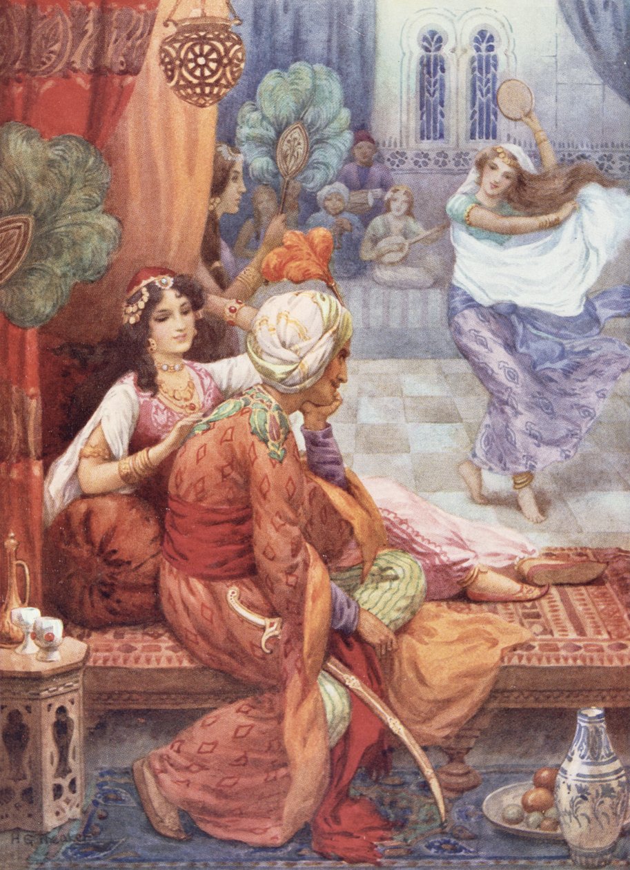 Książę Ahmed i wróżka Banou, ilustracja z "Opowieści dla dzieci z "Nocy arabskich"" Rose Yeatman Woolf, ok. 1920 r. (litografia kolorowa) autorstwa Harry George Theaker