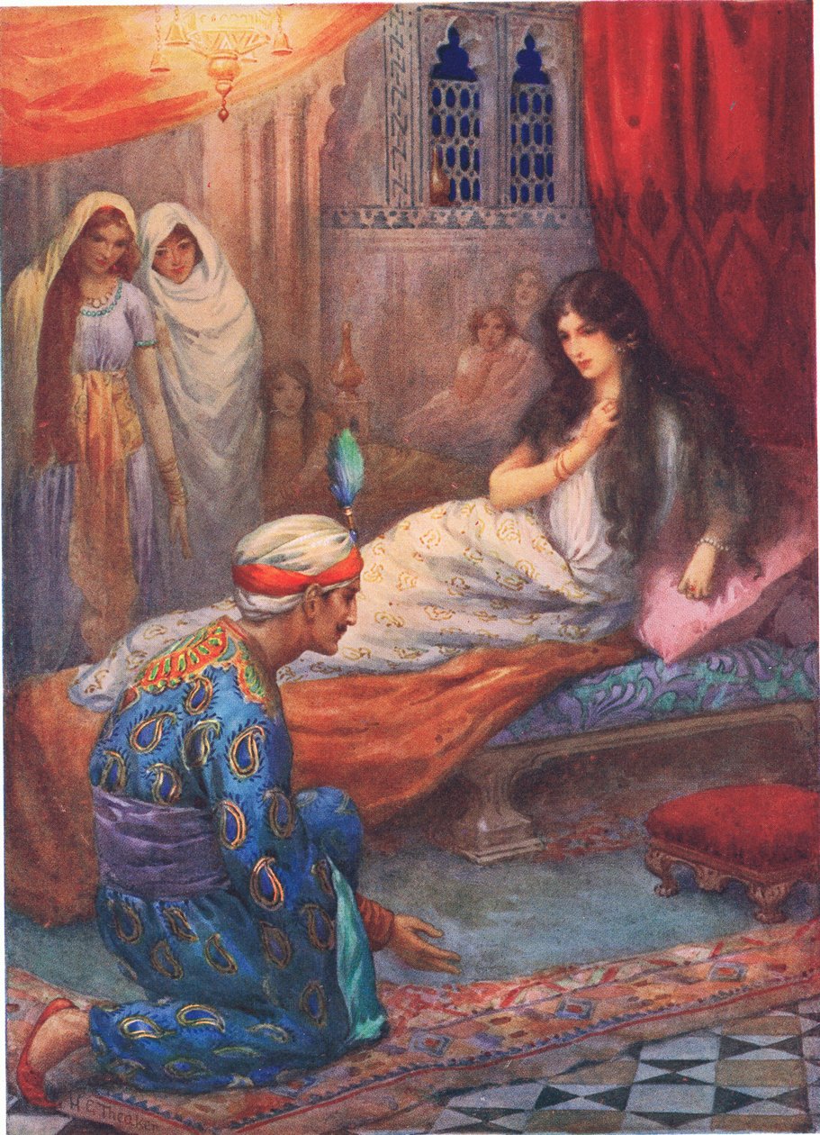 Książę Feroze-Shah budzi piękną księżniczkę, ilustracja z "Opowieści dla dzieci z nocy arabskich" Rose Yeatman Woolf, ok. 1920 r. (litografia kolorowa) autorstwa Harry George Theaker
