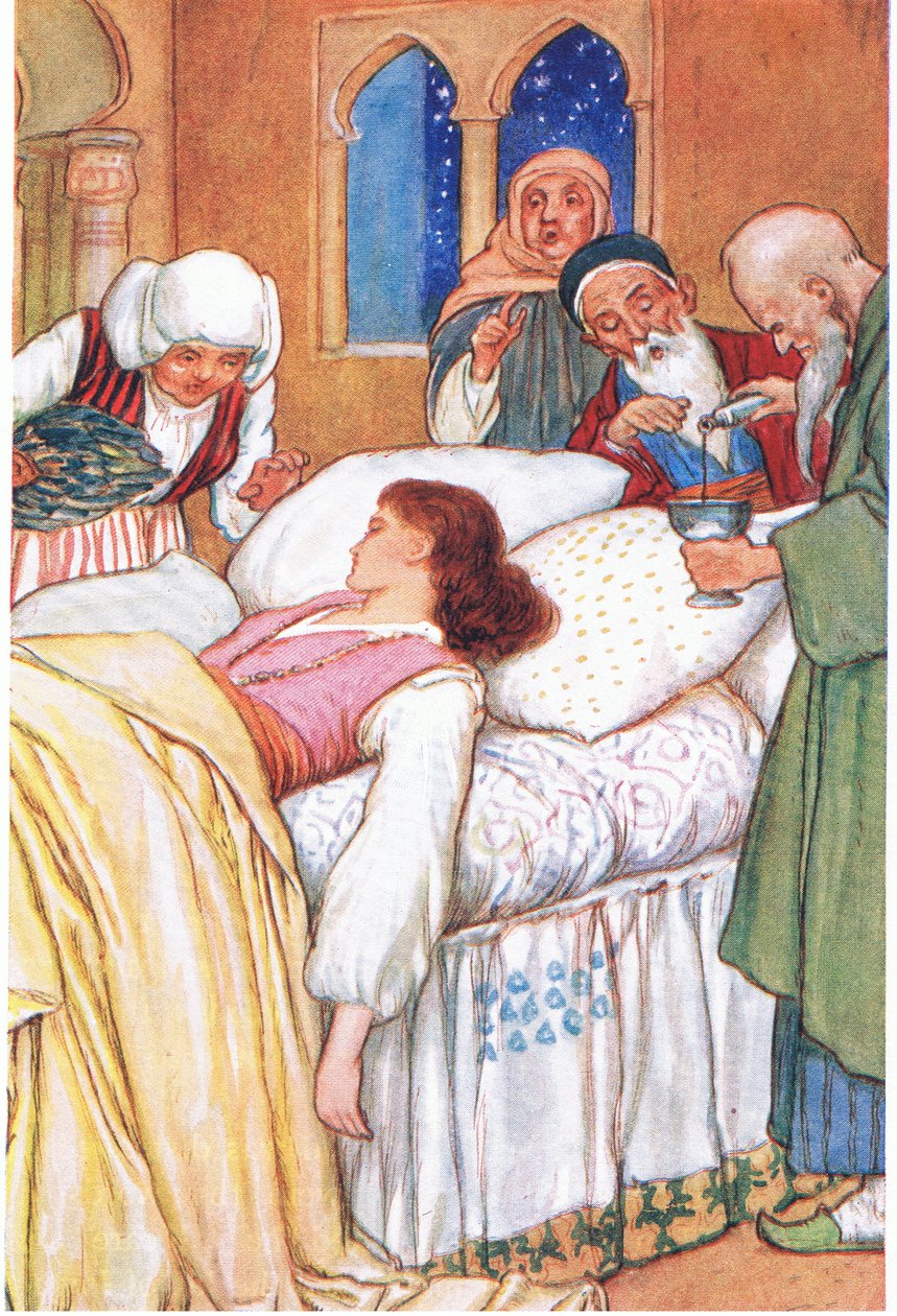 Księżniczka Aldebonda i jej lekarze (z opowieści "Pielgrzymi miłości"), ilustracja z "Opowieści z Alhambry", ok. 1940 r. (litografia kolorowa) autorstwa Harry George Theaker