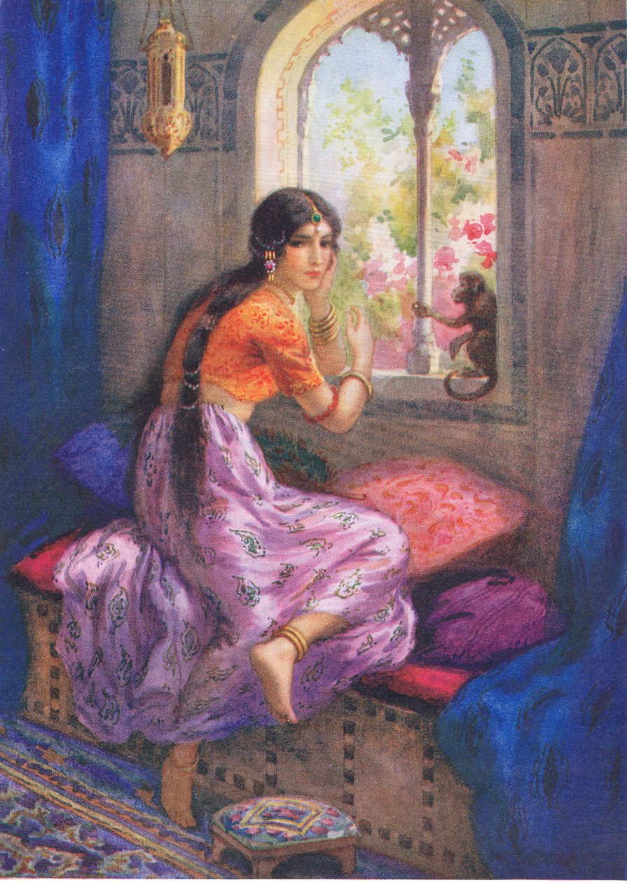 "Rama: Szepnął Hanuman jeszcze raz". Z Przygód Ramy i Sity, ilustracja z "Childrens Stories from Indian Legends", ok. 1930 r. (kolorowa litografia) autorstwa Harry George Theaker