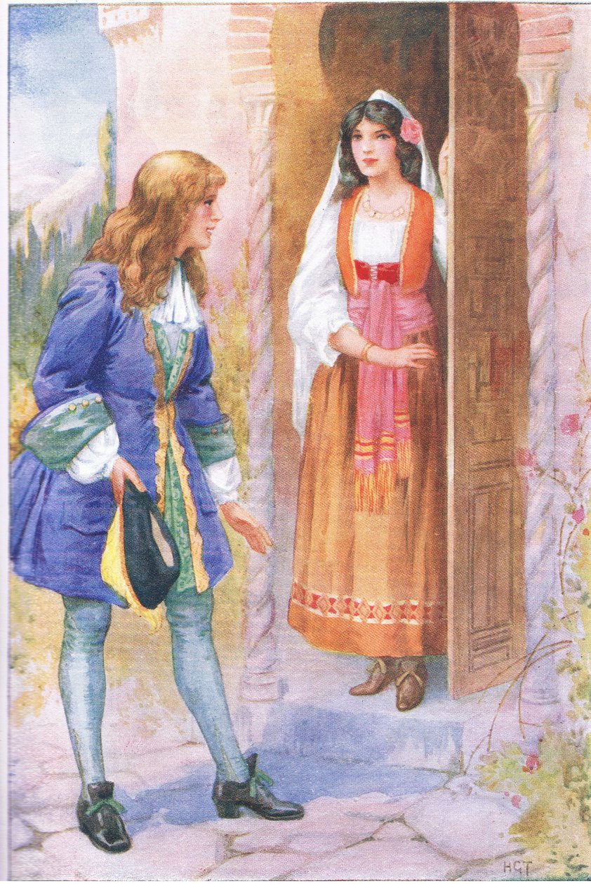 Ruyz De Alercon i róża z Alhambry (z opowiadania "Róża z Alhambry"), ilustracja z "Tales of Alhambra", ok. 1940 r. (kolorowa litografia) autorstwa Harry George Theaker