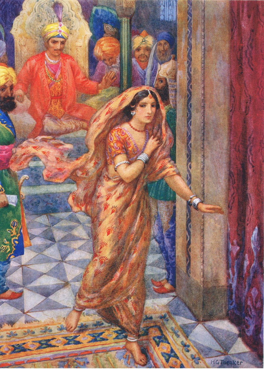 Uciekła z sali audiencyjnej. Z Pierścienia Pamięci, ilustracja z "Childrens Stories from Indian Legends", ok. 1930 r. (kolorowa litografia) autorstwa Harry George Theaker