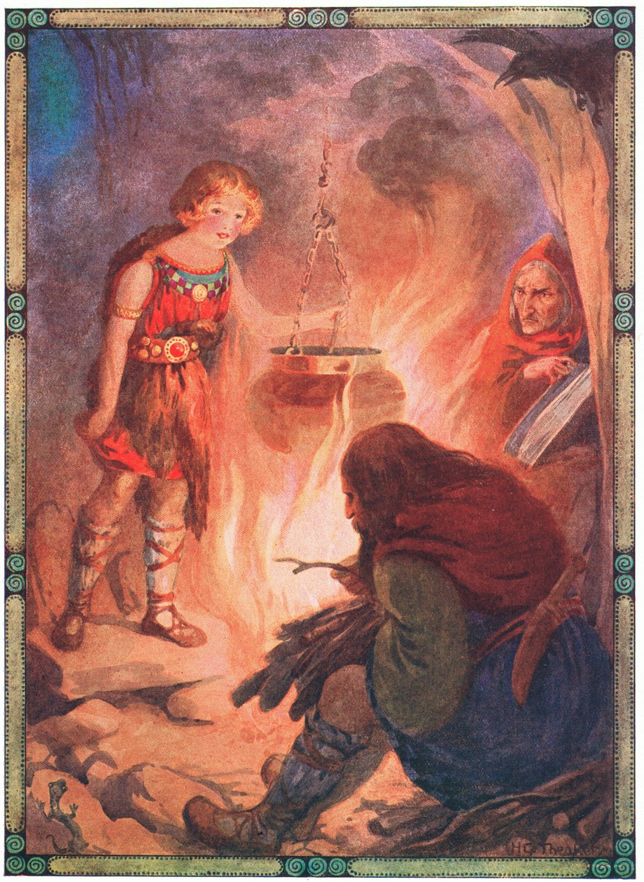 "Znalazła wszystko tak, jak powinno być" (z Taliesin) (kolorowa litografia) autorstwa Harry George Theaker