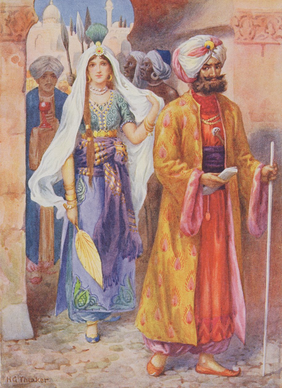 Sindbad przynosi dary kalifowi, ilustracja z "Opowieści dla dzieci z nocy arabskich" Rose Yeatman Woolf, ok. 1920 r. (litografia kolorowa) autorstwa Harry George Theaker