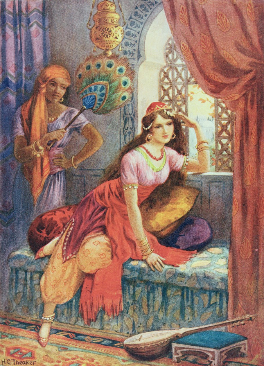 Narzeczona Sindbada, ilustracja z "Opowieści dla dzieci z nocy arabskich" Rose Yeatman Woolf, ok. 1920 r. (litografia kolorowa) autorstwa Harry George Theaker