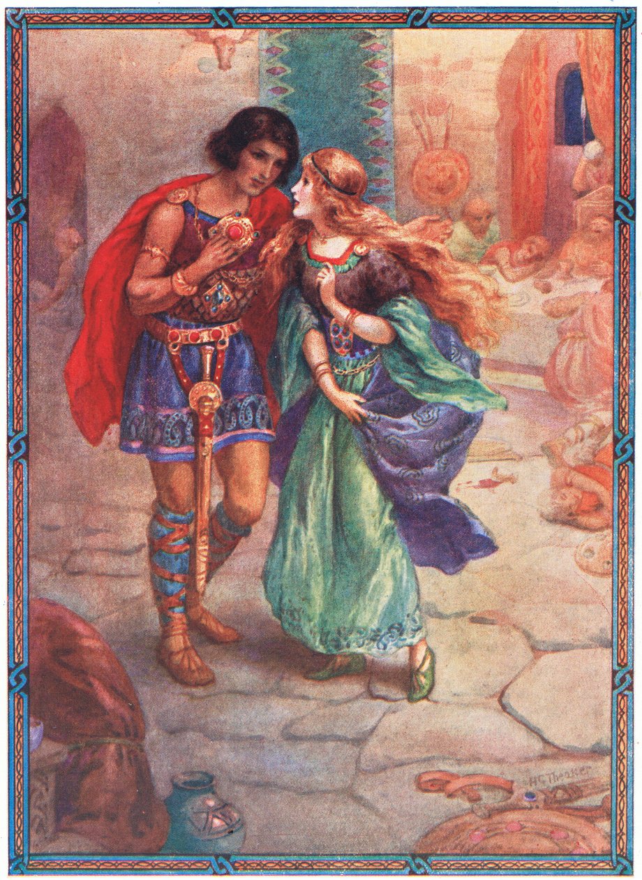"Weź mnie za żonę" (z Diarmud i Grania) (kolorowa litografia) autorstwa Harry George Theaker