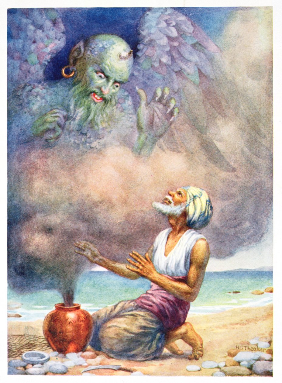 Dżin ucieka z wazy, ilustracja z "Opowieści dla dzieci z nocy arabskich" Rose Yeatman Woolf, ok. 1920 r. (litografia kolorowa) autorstwa Harry George Theaker