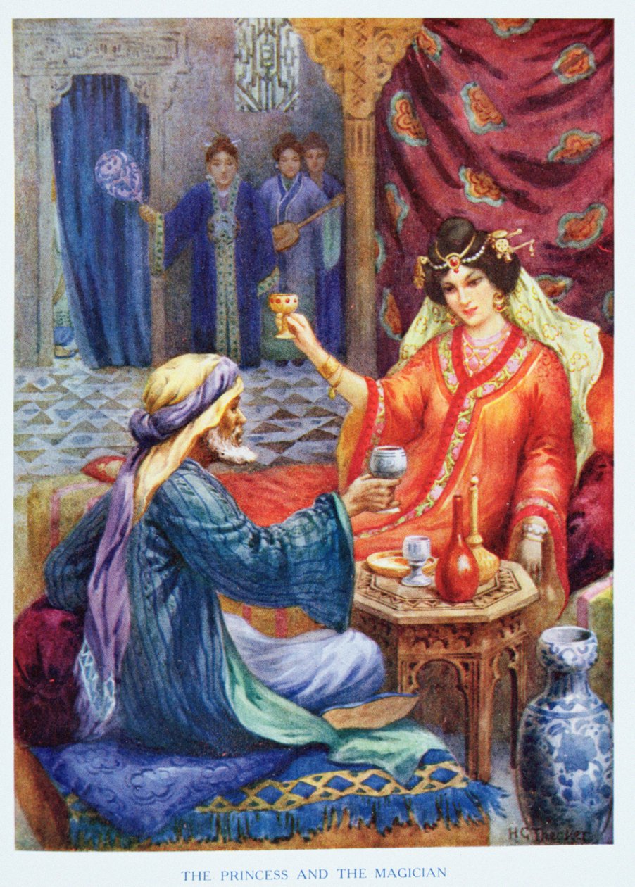 Księżniczka i czarodziej, ilustracja z "Opowieści dla dzieci z nocy arabskich" Rose Yeatman Woolf, ok. 1920 r. (litografia kolorowa) autorstwa Harry George Theaker