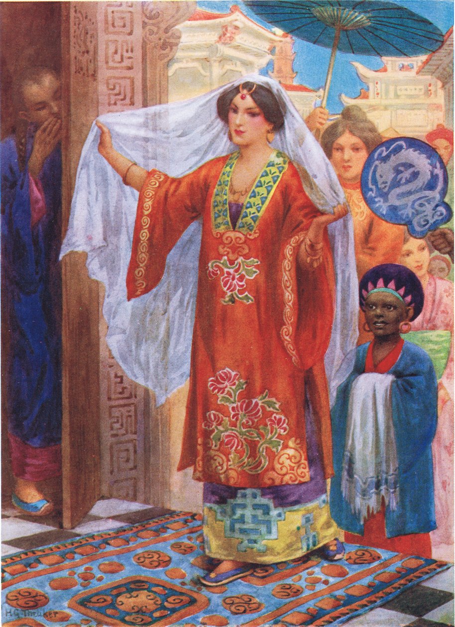 Księżniczka w drodze do kąpieli, ilustracja z "Opowieści dla dzieci z nocy arabskich" Rose Yeatman Woolf, ok. 1920 r. (litografia kolorowa) autorstwa Harry George Theaker