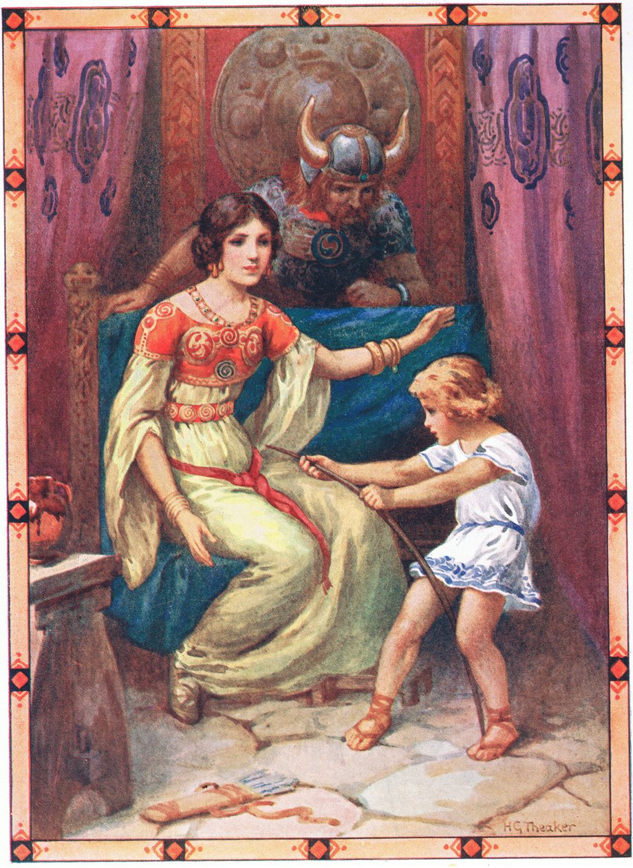 Dziecko wykazywało oznaki wielkiej siły (z Tyran of the Isles) (kolorowa litografia) autorstwa Harry George Theaker