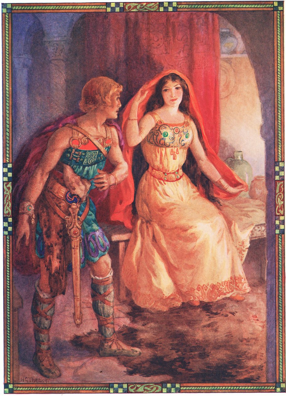 Dama odsłoniła twarz (z filmu "Wstrętna dama i waleczny rycerz") (kolorowa litografia) autorstwa Harry George Theaker