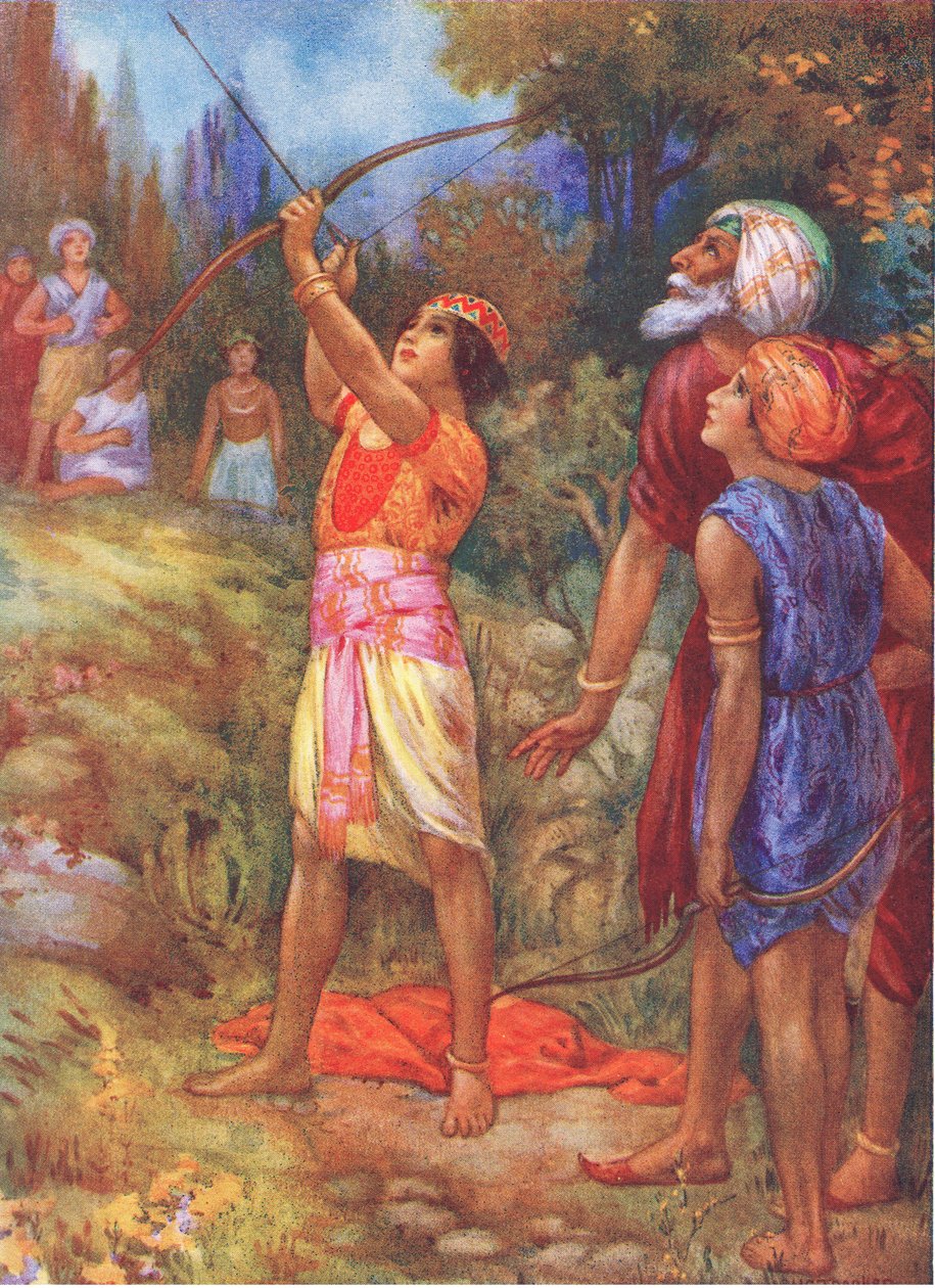 "Więc krzycz" - zawołał niechętnie starzec. From the Adventurous Brethren, ilustracja z "Childrens Stories from Indian Legends", ok. 1930 r. (kolorowa litografia) autorstwa Harry George Theaker