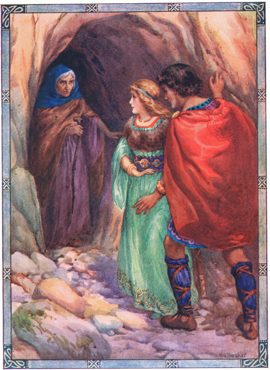 Przybyli do jaskini nad morzem (z Diarmud i Grania) (kolorowa litografia) autorstwa Harry George Theaker