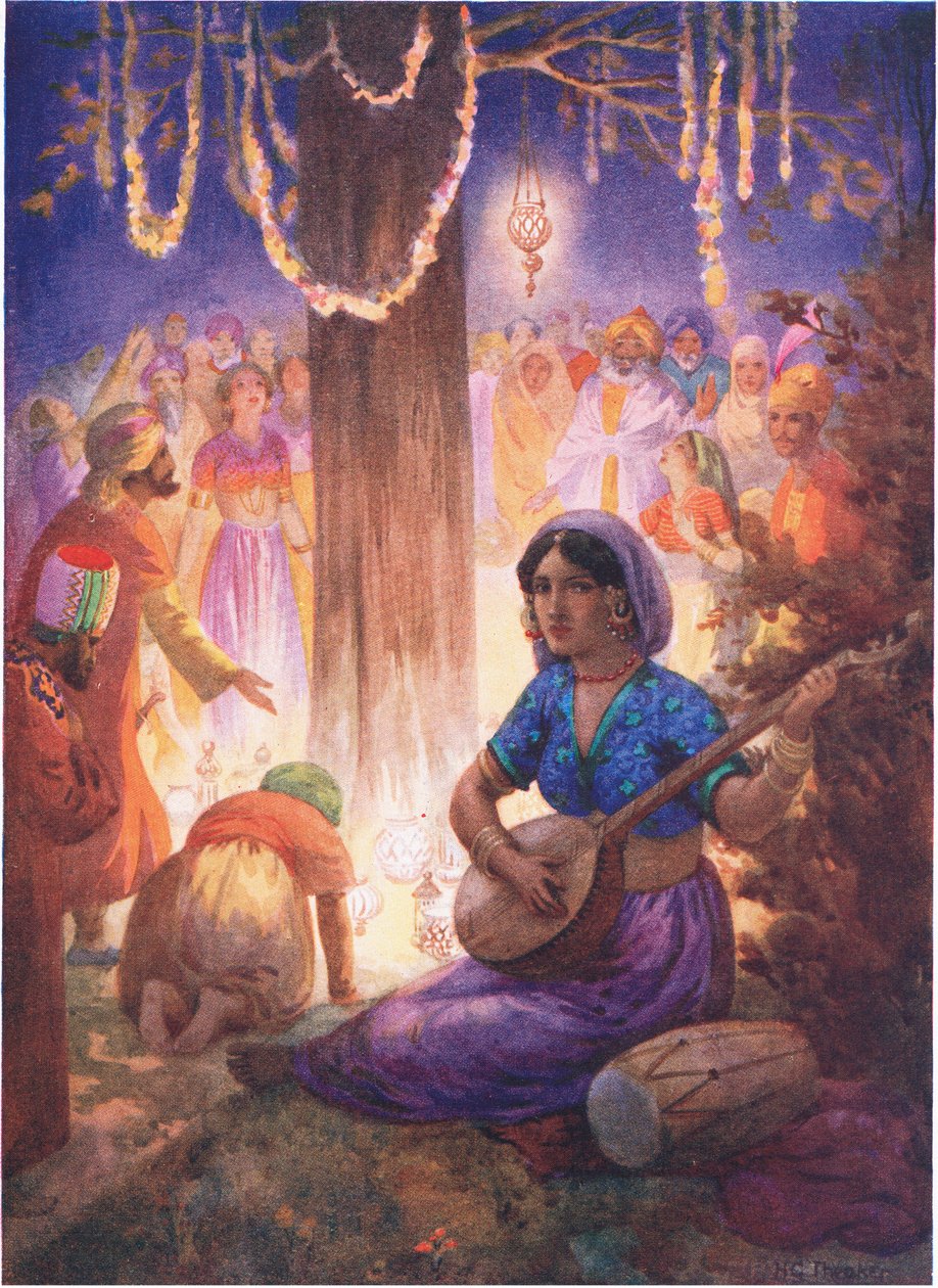 Przybyli z girlandami, lampami i muzyką. Z Kolumny Królewskiej, ilustracja z "Childrens Stories from Indian Legends", ok. 1930 r. (kolorowa litografia) autorstwa Harry George Theaker