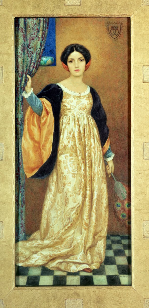Kobieta z wachlarzem pawi (akwarela) autorstwa Harry George Theaker