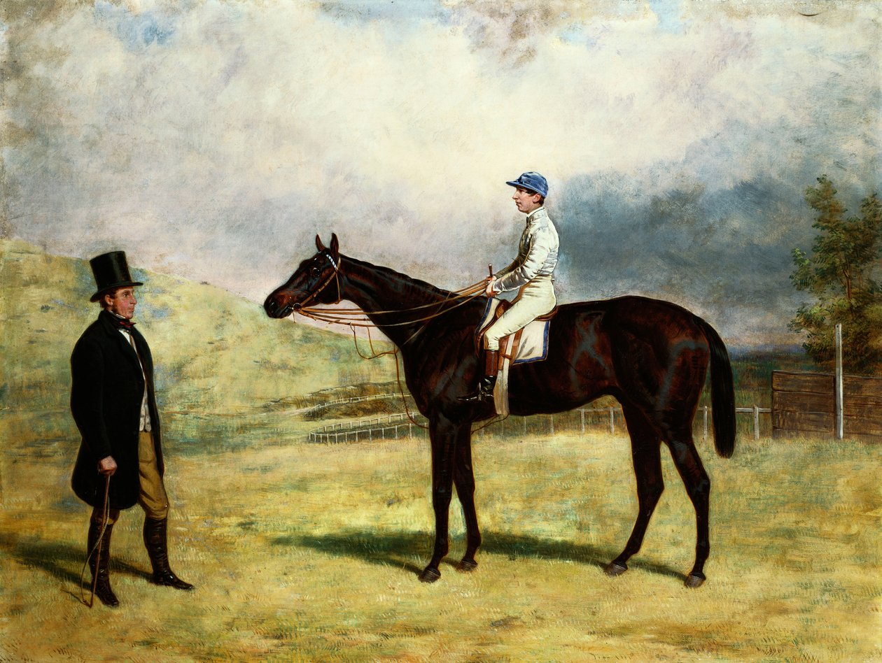 Dżentelmen przy swoim koniu wyścigowym z dżokejem na torze wyścigowym, 1863 autorstwa Harry Hall