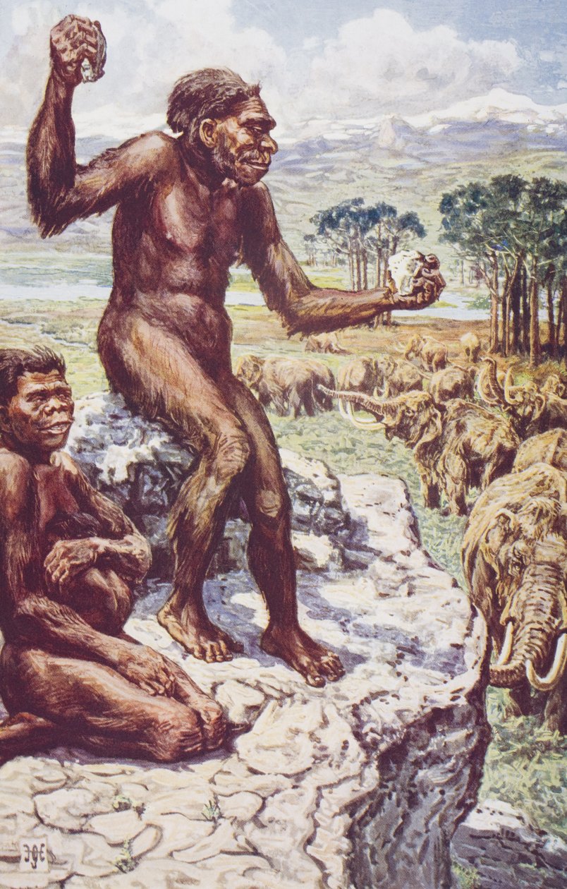 Ludzkość neandertalska, ilustracja z „Zarysu historii” H.G. Wellsa, tom I, wydana w 1920 r. (kolor lito) autorstwa Harry Hamilton (after) Johnston