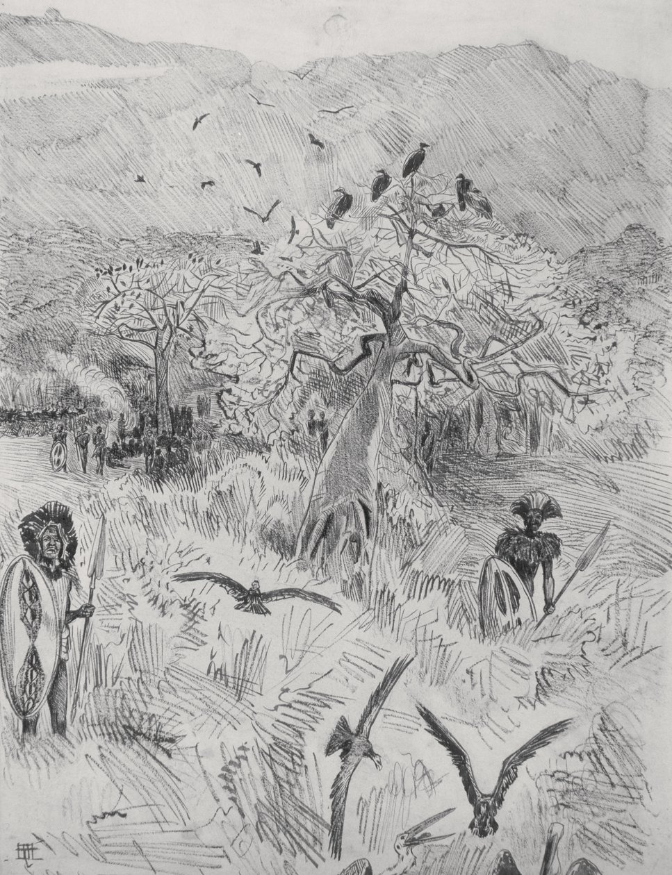 Obóz Masajów, ok. 1884 (pióro na papierze) autorstwa Harry Hamilton Johnston