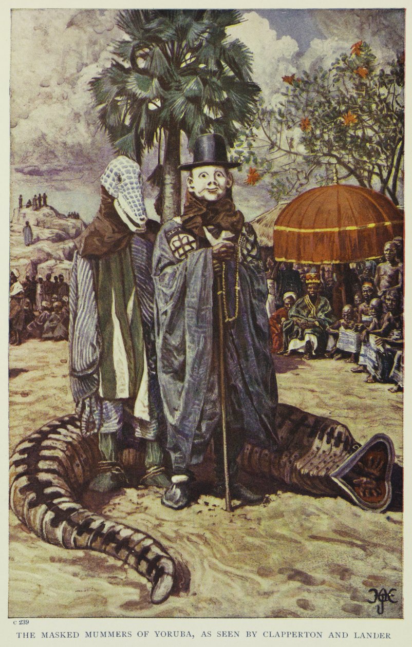 Zamaskowane mummery joruba widziane przez Clappertona i Landera, ilustracja z „Pionierów Afryki Zachodniej”, 1912 autorstwa Harry Hamilton Johnston