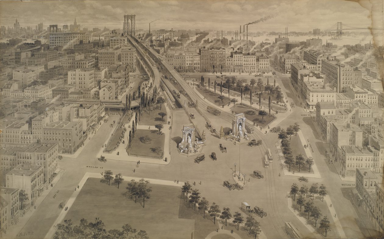 Brooklyn Plaza of the Manhattan Bridge, ok. 1917 (Indie tusz i lakier z domieszką nieprzezroczystej bieli) autorstwa Harry M. Pettit