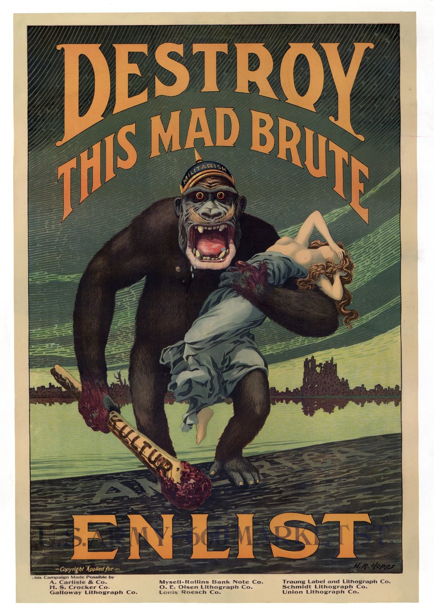 Kampania rekrutacyjna „Zniszcz tego szalonego brutala – zaciągnij”, wyd. 1917 autorstwa Harry R. Hopps