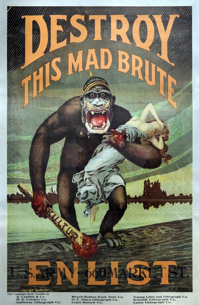 Kampania rekrutacyjna US Military WW1 "Zniszcz tego szalonego brutala - werbuj" wyd. 1917 autorstwa Harry R. Hopps