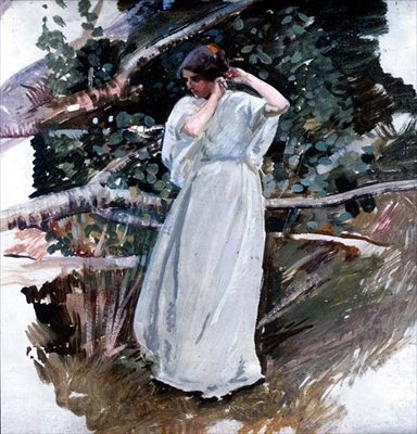 Młoda kobieta w długiej białej sukni (panel) autorstwa Harry Watson